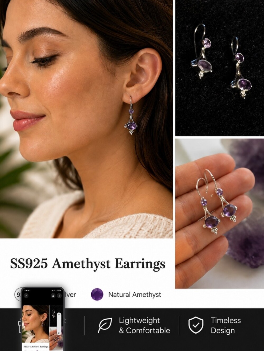 Sterling Silver Amethyst Drop Earrings - Natural Purple Gemstones